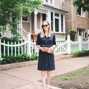 J CREW TIE WAIST SHIRT DRESS ELEGANT NAVY BLUE SIZE M